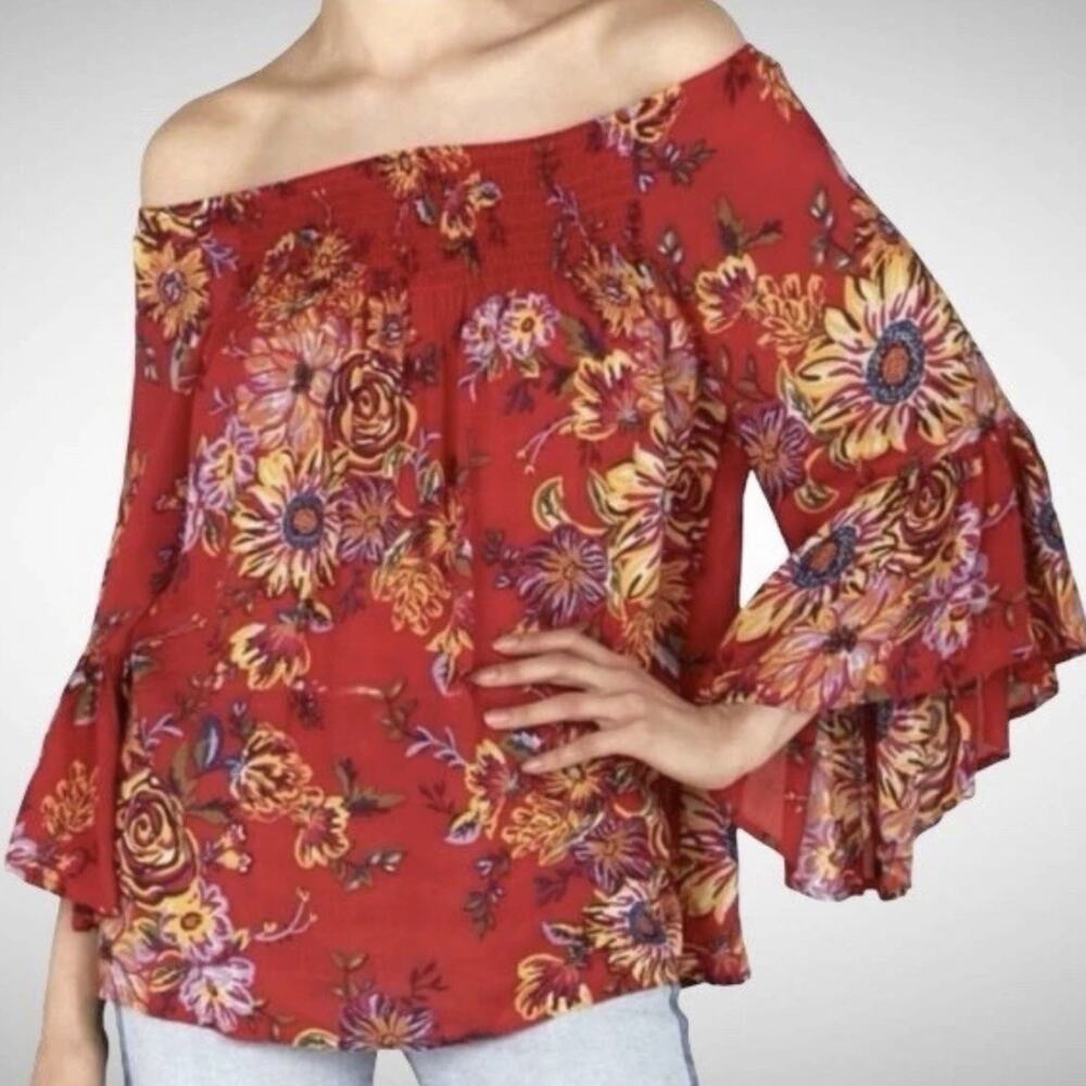 Beach Lunch Lounge Ellora Red Floral Peasant Blouse Sunflower NEW Size XL